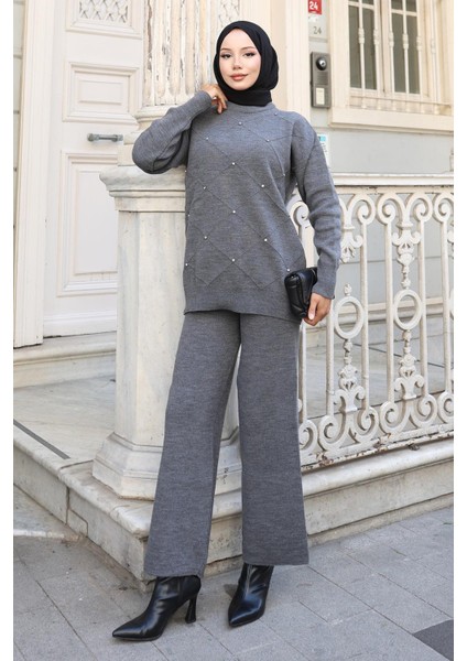 Taş Detaylı Triko Takım Gri 6148