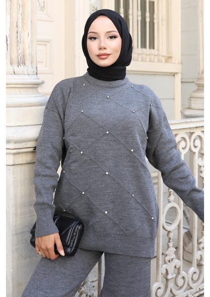 Taş Detaylı Triko Takım Gri 6148 fiyatları