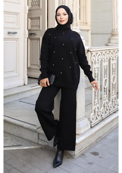 Taş Detaylı Triko Takım Siyah 6148