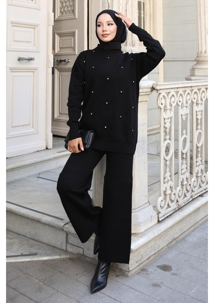 Taş Detaylı Triko Takım Siyah 6148 modelleri