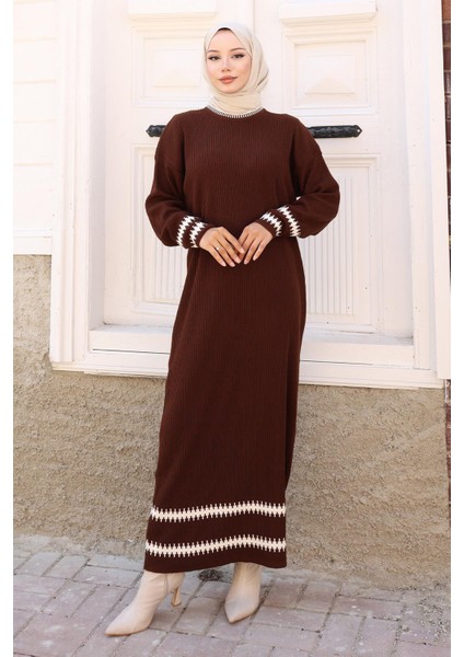 Desenli Triko Elbise Kahverengi 6149
