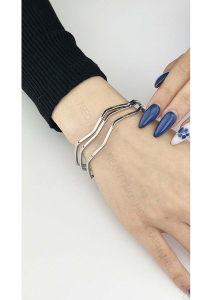 Ajda Bilezik, 3 adet, Kare Zik Zak form, Paslanmaz Charm Taşıyıcı Bileklik 160, Çap 65Mm, Gümüş Renk