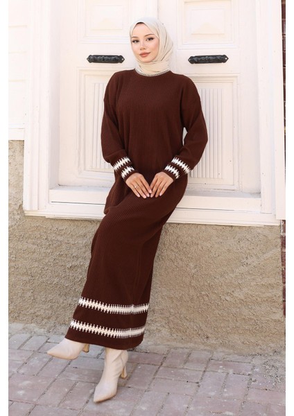 Desenli Triko Elbise Kahverengi 6149 modelleri