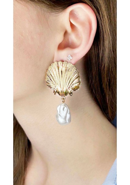 İnci Detaylı, İstiridye Küpe 637, Altın Renk