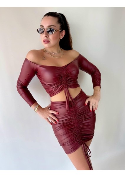 Kadın Büzgülü Deri Etek Takım Fırsat Ürün modelleri