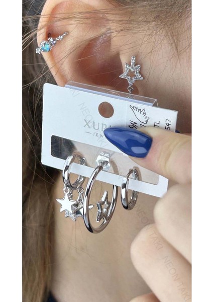 Çoklu Küpe, Zirkon Taşlı, Yıldız, Platinyum Kaplama Çelik Küpe 547 Gümüş Renk