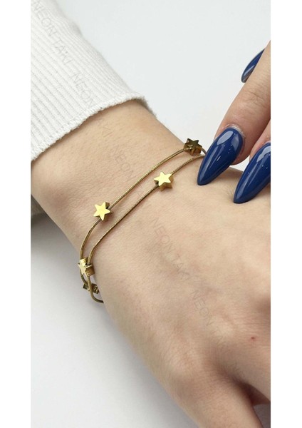 Çift Zincirli, Yıldızlı, Paslanmaz Çelik Zincir Bileklik 449, Altın Renk