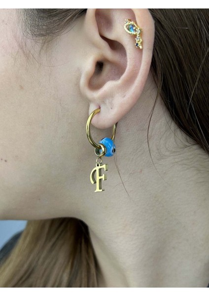 F Harfli, Nazar Boncuklu, Paslanmaz Çelik Küpe 160, Altın Renk