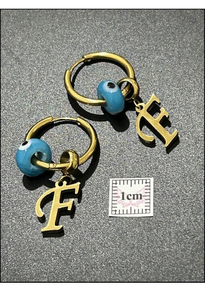 F Harfli, Nazar Boncuklu, Paslanmaz Çelik Küpe 160, Altın Renk indirimleri