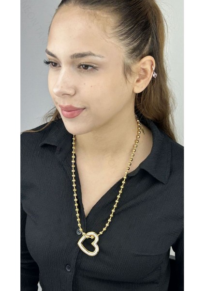 Kolye, Zirkon Taşlı, Kararmayan Paslanmaz Çelik, Kalp Detaylı, Top Zincir, Altın Renk, Model230