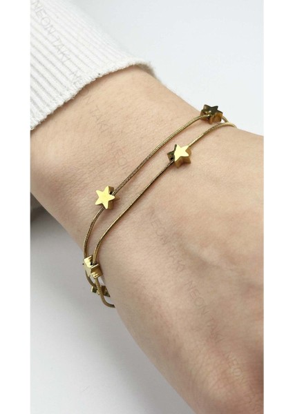 Çift Zincirli, Yıldızlı, Paslanmaz Çelik Zincir Bileklik 449, Altın Renk fiyatları