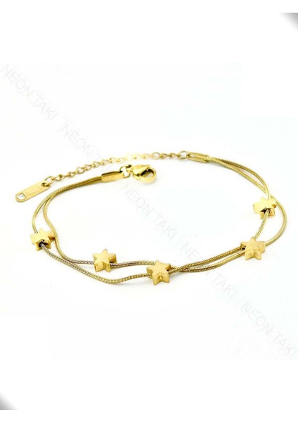 Çift Zincirli, Yıldızlı, Paslanmaz Çelik Zincir Bileklik 449, Altın Renk modelleri