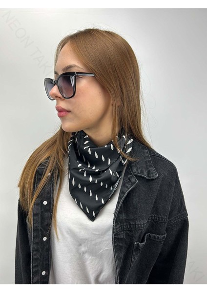 Siyah Fon, Beyaz Damlalar, Fular 6, 57cmx55cm