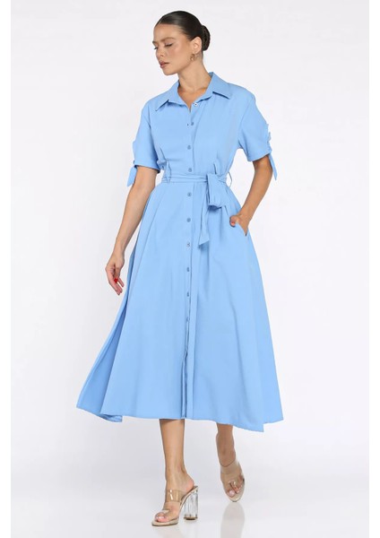 Düğmeli ve Pileli Kısa Kol Uzun Elbise P-00017763 fiyatları