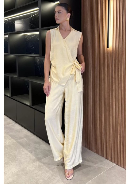 Kadın Kruvaze Yaka Bağlama Detaylı Bluz Pantolon Ikili Takım P-00017914