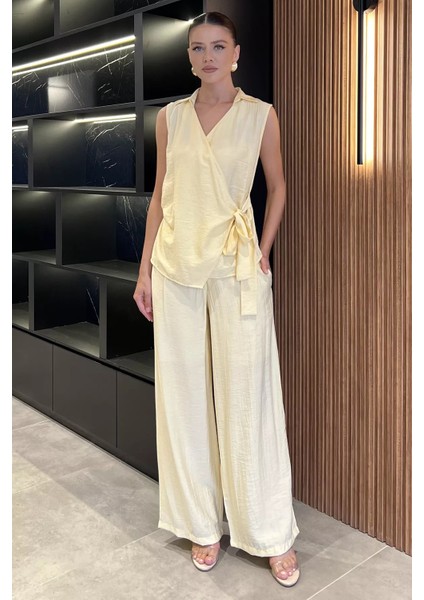 Kadın Kruvaze Yaka Bağlama Detaylı Bluz Pantolon Ikili Takım P-00017914 fiyatları