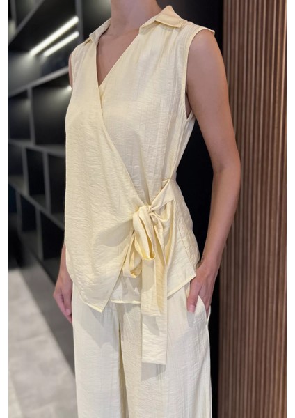 Kadın Kruvaze Yaka Bağlama Detaylı Bluz Pantolon Ikili Takım P-00017914 fırsatları