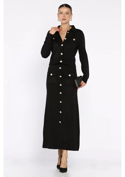 Düğme Detaylı Hırka Etek Triko Ikili Takım P-00017973