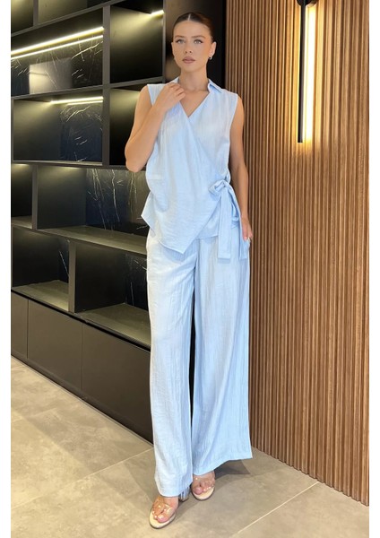 Kadın Kruvaze Yaka Bağlama Detaylı Bluz Pantolon Ikili Takım P-00017914