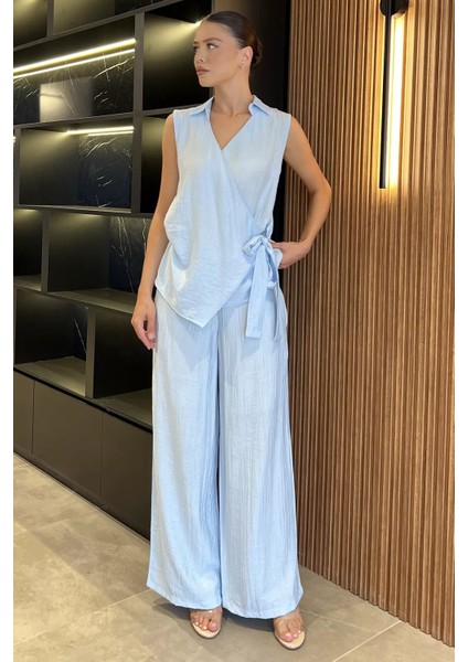 Kadın Kruvaze Yaka Bağlama Detaylı Bluz Pantolon Ikili Takım P-00017914 fiyatları
