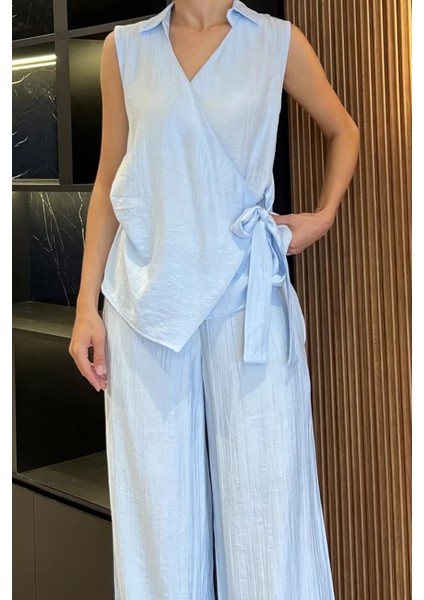Kadın Kruvaze Yaka Bağlama Detaylı Bluz Pantolon Ikili Takım P-00017914 fırsatları