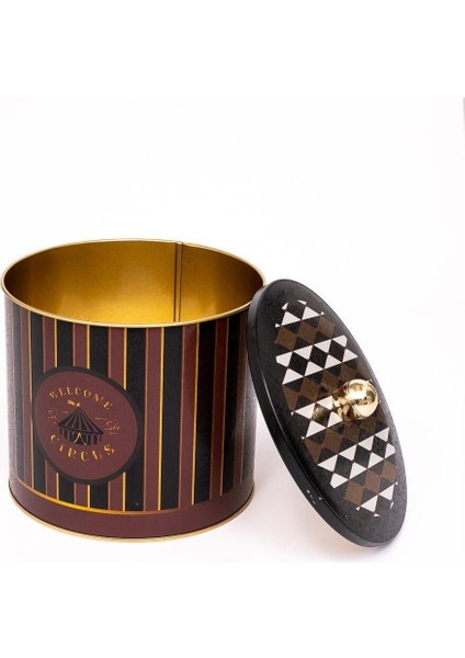 ER146-9E Circus Black Desenli Yuvarlak Metal Saklama Kabı 17.5 cm fırsatları