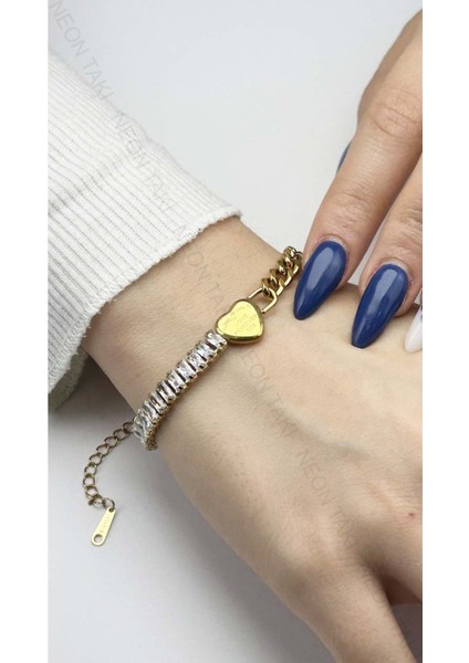 Kalp, Su Yolu, Zirkon Taşlı, Paslanmaz Çelik Zincir Bileklik 376, Altın Renk