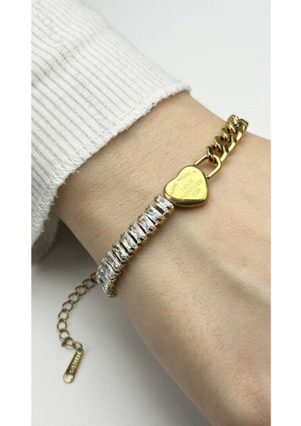 Kalp, Su Yolu, Zirkon Taşlı, Paslanmaz Çelik Zincir Bileklik 376, Altın Renk fiyatları