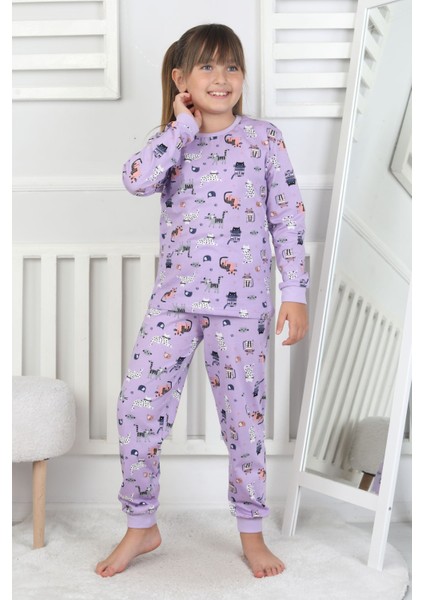 Uzun Kollu Cute Cat Desenli Kız Çocuk Pijama Takımı