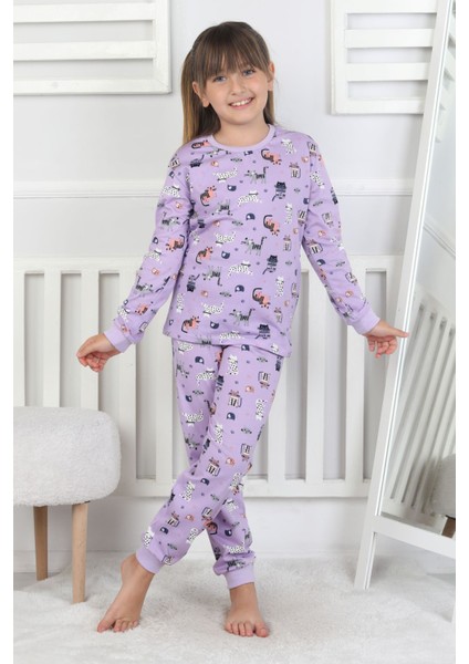 Uzun Kollu Cute Cat Desenli Kız Çocuk Pijama Takımı fiyatları