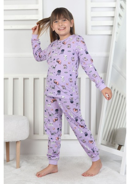Uzun Kollu Cute Cat Desenli Kız Çocuk Pijama Takımı modelleri