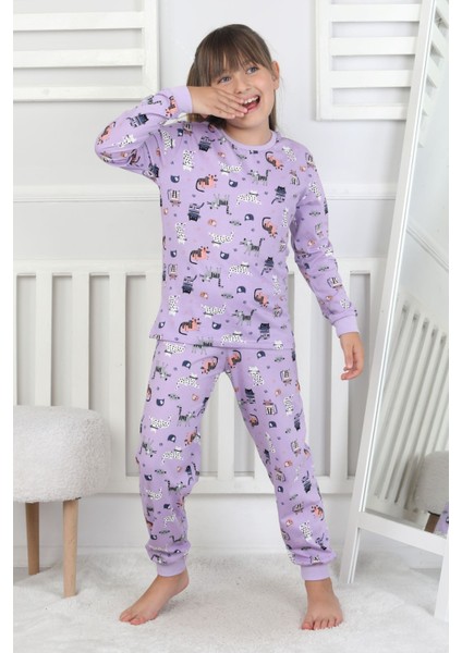 Uzun Kollu Cute Cat Desenli Kız Çocuk Pijama Takımı fırsatları