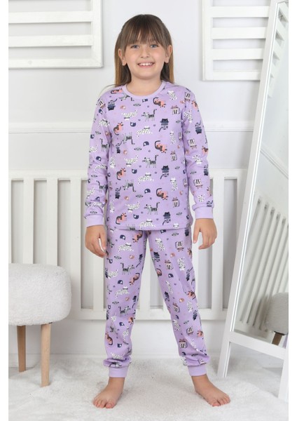 Uzun Kollu Cute Cat Desenli Kız Çocuk Pijama Takımı indirimleri