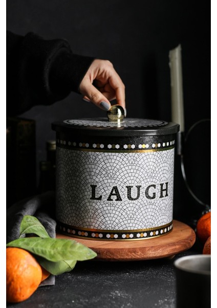 ER146-9B Mosaic Laugh Desenli Yuvarlak Metal Saklama Kabı 17.5 cm