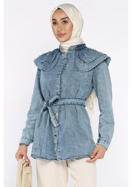 Bebe Yaka Bel Kuşaklı Tesettür Jean Kot Tunik P-00017913 fiyatları