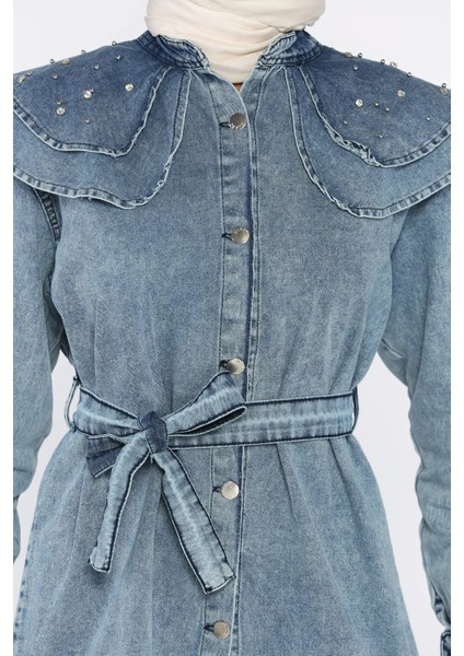 Bebe Yaka Bel Kuşaklı Tesettür Jean Kot Tunik P-00017913 fırsatları