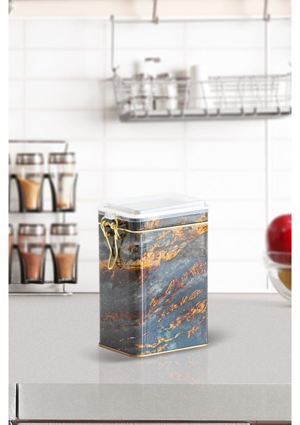 Taş Desenli Dikdörtgen Plastik Kapaklı Çok Amaçlı Metal Erzak Saklama Kabı 1.2 lt - Siyah