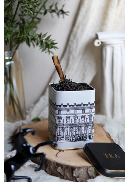 ER022-1A City Tea Desenli Kare Metal Saklama Kabı 11X11 cm