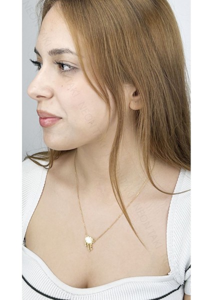 Zirkon Taşlı Ve Sedefi, Bulut Figürlü, Paslanmaz Çelik Kolye 329, Altın Renk