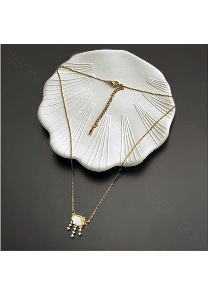 Zirkon Taşlı Ve Sedefi, Bulut Figürlü, Paslanmaz Çelik Kolye 329, Altın Renk fırsatları