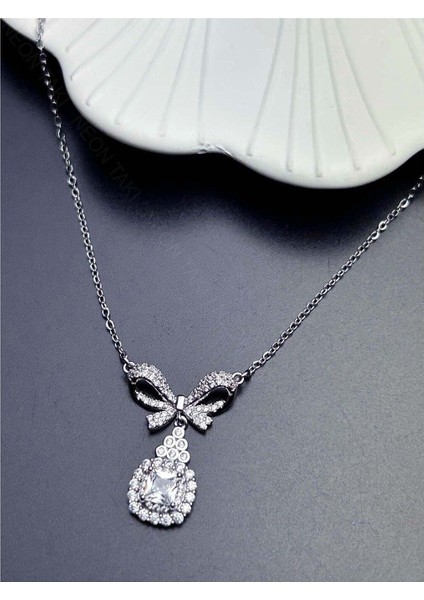 Kolye, Zirkon Taşlı, Kararmayan Paslanmaz Çelik, Kurdela Detaylı, Gümüş Renk, Model358 modelleri