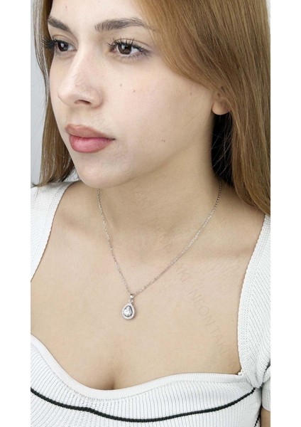 Zirkon Taşlı, Büyük Damla Figürlü Paslanmaz Çelik Kolye 365