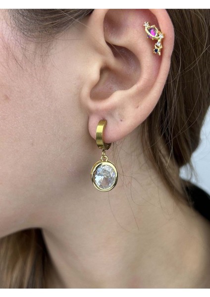 Zirkon Taşlı, Sallantılı Model, Paslanmaz Çelik Küpe 140, Altın Renk