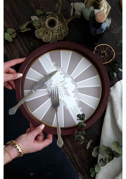 EE197-8B Elegance Burgundy Desenli Yuvarlak Tepsi 31.5 cm