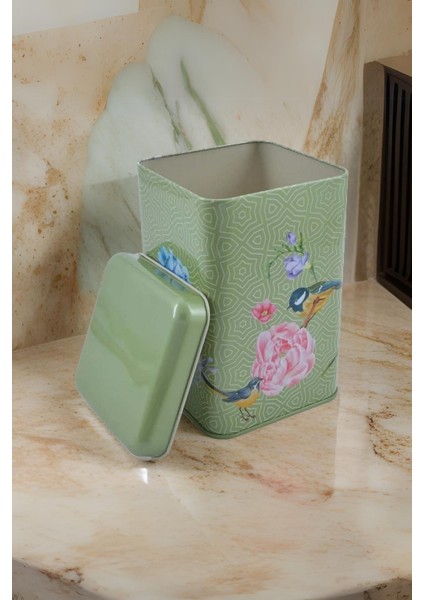 EF022-D7 Blooming Green Desenli Kare Metal Saklama Kabı 11X11 cm