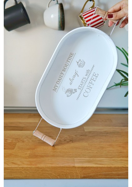 Ahşap Kulplu Metal Tepsi 32 x 19 cm fiyatları