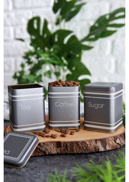 Metal Çay, Kahve, Şeker Saklama Kutusu 3 Lü Set 7.5 x 7.5 x 10.2 Cm, Silver ERB248Z