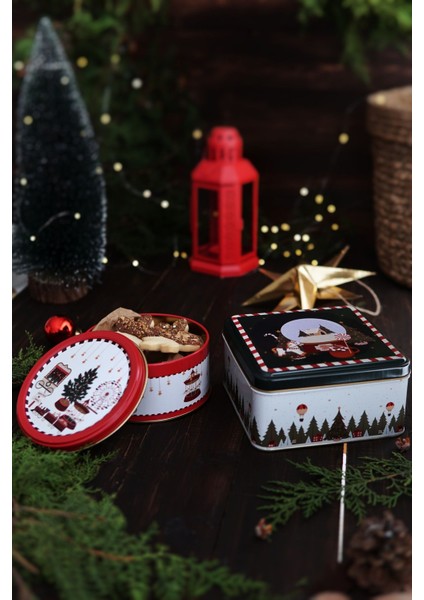 Yılbaşı Temalı 2'li Dekoratif Metal Kutu Seti 15,8x15,8x8 cm ve Ø14x6,6 cm