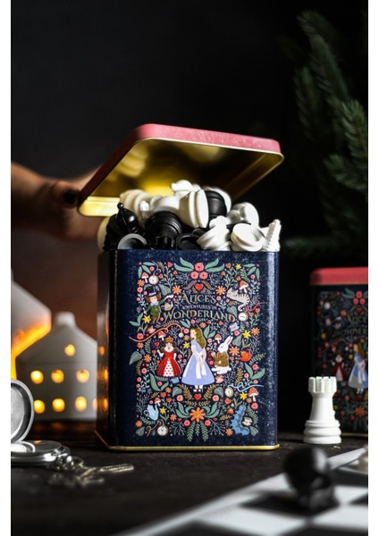 ER024-9A Tales Alices Desenli Kare Metal Saklama Kabı 12X12 cm