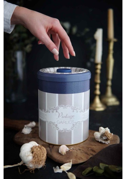 ER188-4D Elegance Garlics Desenli Yuvarlak Metal Saklama Kabı 14 cm